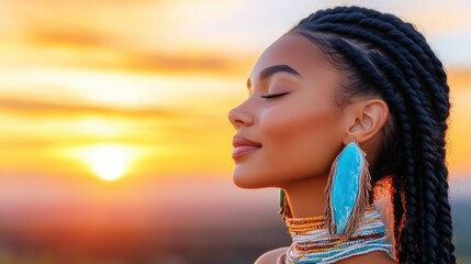 Sunset Serenity: A portrait of a woman bathed in the warm hues of the setting sun, her eyes gently closed in peaceful meditation, embracing the tranquility of the moment.