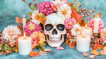 Day of the Dead Celebration: A skull sits adorned with flowers and candles, creating a colorful and spiritual atmosphere, symbolizing life and remembrance.