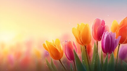 Close up of vibrant tulips in full bloom against a soft blurred background