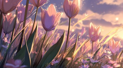 Close up of pink tulips in a field under a sunny sky with soft lighting blossoms