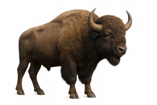 European bison or wisent standing, strong mammal animal with horns looking at camera, transparent background