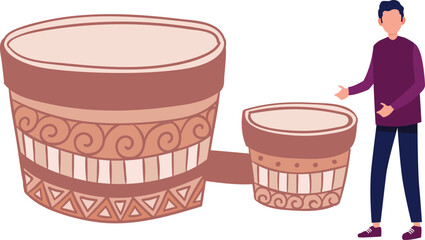 The boy is presenting bongo drums.