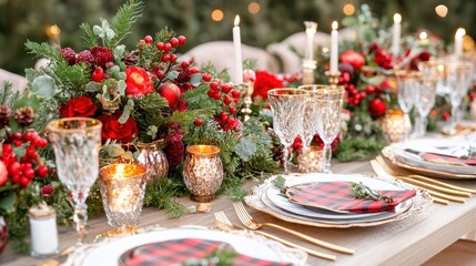 Festive Christmas Table Setting: A beautifully decorated table setting evokes warmth and joy, the scene is adorned with elegant glassware, candles, and fresh seasonal blooms.