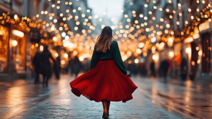 Elegant Stroll: A woman, seen from behind, walks down a street, her vibrant red skirt swirling gracefully amidst a scene of soft, twinkling lights and blurred figures.