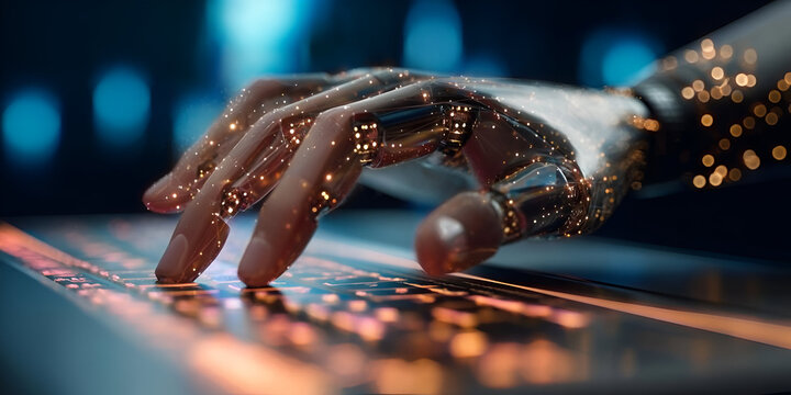Futuristic robotic hand interacts with a digital interface, symbolizing advanced technology and innovation.