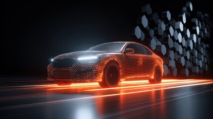 Digitally rendered modern car illuminated by orange lights on a dark background