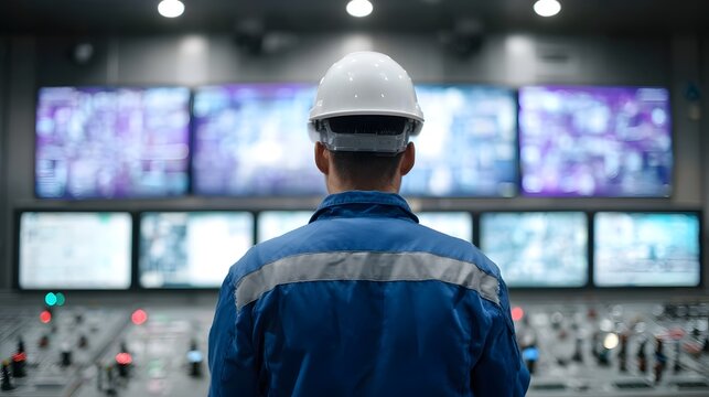 Engineer in hard hat monitors complex data on multiple screens in an industrial control room