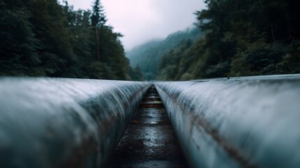 Long industrial pipelines traverse a misty forested valley