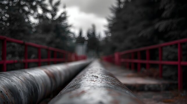 Two industrial pipelines running parallel through a natural landscape with red railings under a cloudy sky