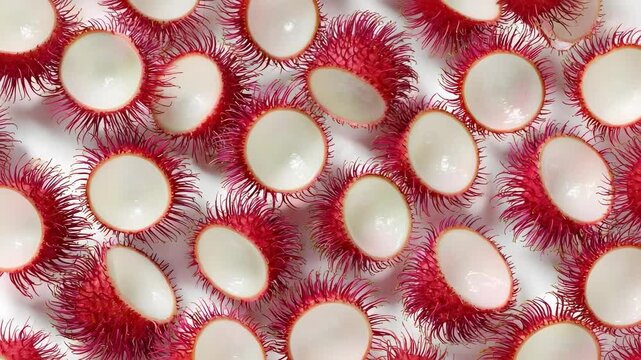 Close-up of red fuzzy circles with white centers, like tiny red pom-poms.