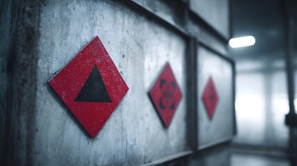 Industrial wall with hazard and biohazard warning symbols in a dimly lit corridor