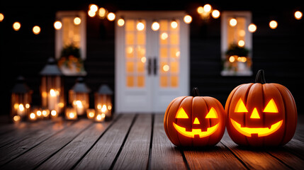 Fototapeta premium Glowing jack-o'-lantern pumpkin on porch with halloween lights and lanterns at night