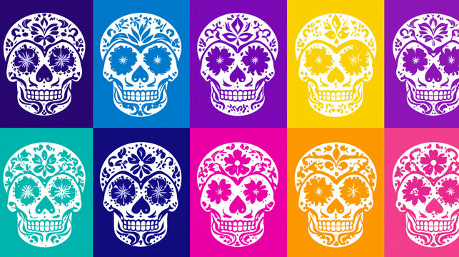 Colorful sugar skulls seamless pattern for mexican day of the dead wallpaper or backdrop