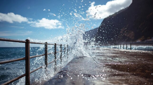 Splashing water hitting the pier on a sunny day in Madeira, capturing dynamic waves, bright sunlight reflections, summer coastal atmosphere, seaside movement, and travel vacation concept