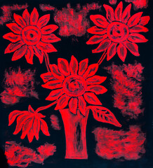 Red sunflowers on black background acrylic painting on canvas