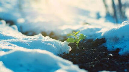 Young green spring sprout emerging from melting snow in early spring sunlight, symbolizing nature renewal, life cycle, growth, hope, resilience, seasonal change, ecology, environmental awakening