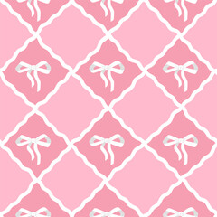 Checkered pattern with pink ribbon bows in vintage style. Cute rhombus seamless texture on pink background. Vector illustration for textile or wrapping paper