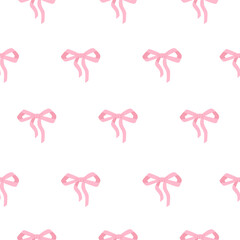 Pattern with pink ribbon bows. Cute seamless texture on white background. Vector illustration for textile or wrapping paper