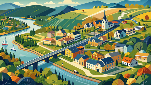 Very beautiful overhead view of the Delaware River aerial landscape showing the charming small town of Lambertville, New Jersey, and the historic city of New Hope, Pennsylvania, USA, surrounded by 