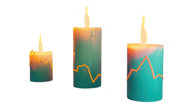 Three teal decorative waxen candles on transparent background
