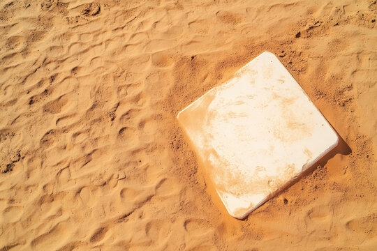 Dirty white base marker on a baseball or softball diamond, surrounded by sand and dirt, highlighting sports and competition