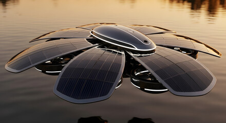 Obraz premium Solar Petal Drone Hovering Above Calm Reflective Lake
