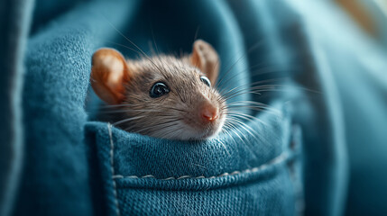 Fancy rat peeks from hoodie pocket, curious whiskers, pets, rat, cute, friendship, care, home, tiny, trust, with copy space