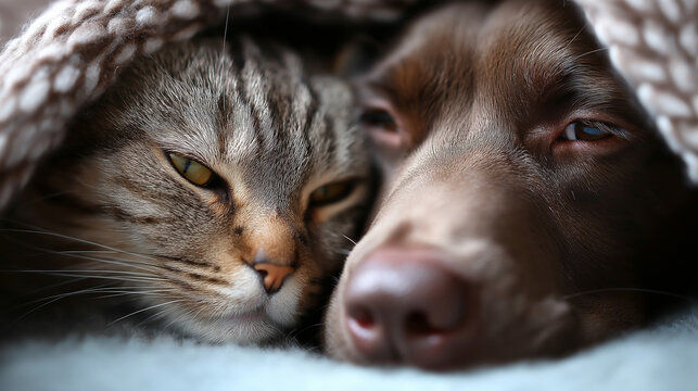 Cat and dog share one blanket, nose to nose, pets, cat, dog, friendship, cuddle, home, love, family, cozy, with copy space