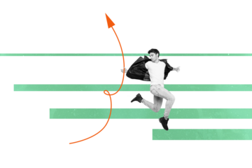 3D photo collage template trend artwork composite of young man run arrow growth up target aspiration ambition aim success leadership