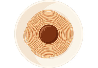 A top-down view of a plate of spaghetti with a rich, brown sauce in the center.