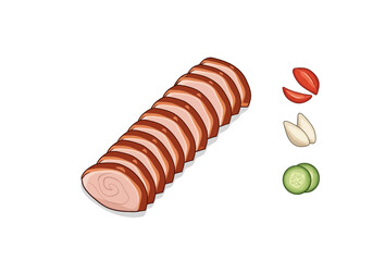 Illustration of sliced meat with tomato, garlic, and cucumber on the side.
