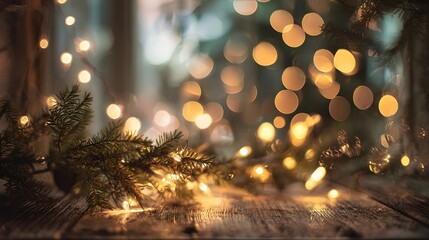 Weihnachtslichter am Tannenzweig mit Bokeh
