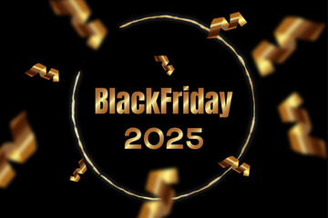 Black Friday 2025 Sale Banner with Golden Confetti on Black Background