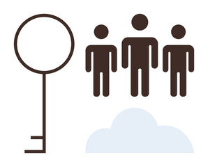 Large key alongside three stylized human figures and a cloud. Ideal for themes of access, security, teamwork, collaboration, innovation, cloud storage, and connection. A simple flat metaphor