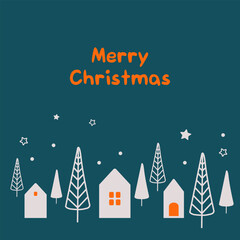 Christmas night landscape with houses and trees in cute flat style