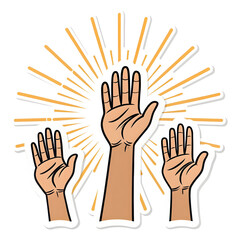 Obraz premium Hands raised with shining rays in sticker style, symbolizing hope, blessing, and divine light, isolated on a clean
