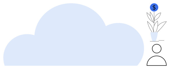 Large cloud with user figure and plant sprouting a coin. Ideal for technology, investment, innovation, growth, sustainability, data management, cloud computing. A simple flat metaphor