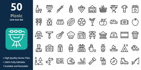 Picnic icon set in Outline style. Minimilist and trendy Icon set. Containing Icons,Wine,Bbq equipment,Skewers,Sauce,Sandwich,and so on.