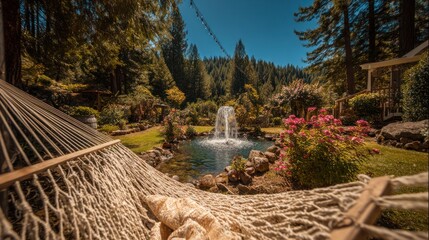 Tranquil outdoor scene with a hammock fountain and lush greenery on a sunny day