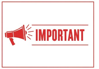 Red megaphone with sound waves announcing the word important, isolated on white background