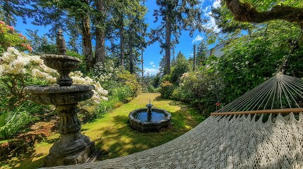 Tranquil outdoor garden scene featuring a decorative fountain and hammock under bright blue skies