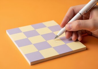 A hand holding a pen, about to write on a checkered notepad with pastel yellow and purple squares, set against a vibrant orange background