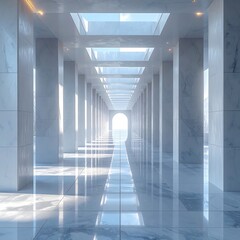 A bright, long hallway with marble walls and a glossy floor, leading to a light-filled archway at the end. Sunlight streams through the skylights