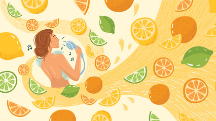 A girl sings in the shower, splashed with juice. Flying lemon and orange in fresh citrus juicy.