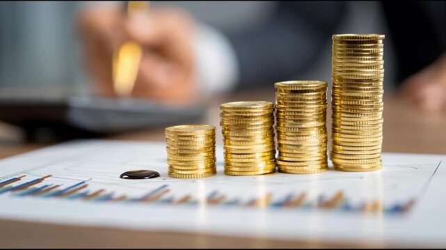 Oil price forecast with stacked gold coins on finance chart, market analysis, investment growth, and business hand symbolizing stack