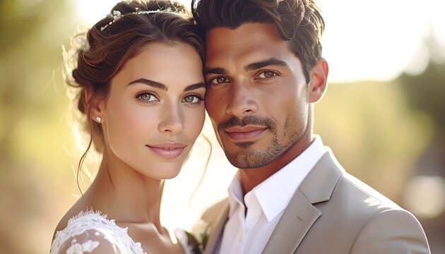 A close-up of a smiling, elegantly dressed couple on their wedding day, outdoors in natural light. They appear happy and in love