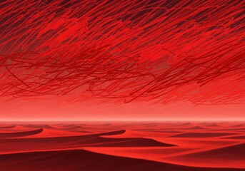 Abstract red desert landscape with swirling sky and sand dunes, evoking a sense of desolation and otherworldly beauty