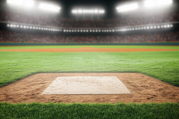 Pitcher's mound on a green baseball field inside a stadium under bright lights, ready for night game competition