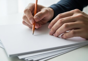 Closeup of a persons hands holding a pencil and writing on a stack of white paper, isolated on white background