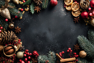 Christmas frame with pine cones fir branches red berries dried oranges cinnamon sticks and ornaments, dark background creating a cozy festive border for winter cards invitations and holiday designs
